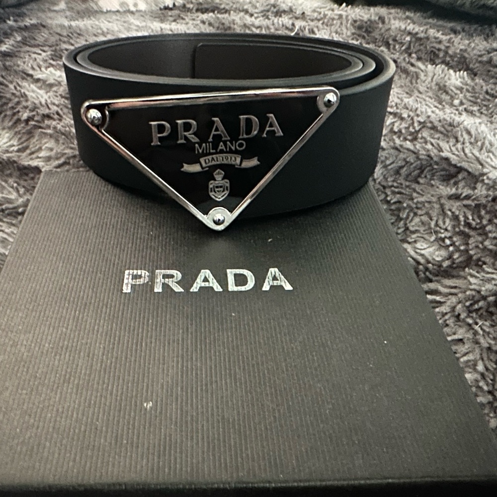 Prada Black Leather Belt with Silver Logo
